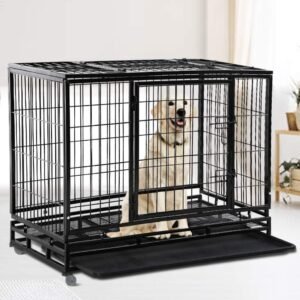 48/36 Inch Heavy Duty Metal Pet Dog Crate, Large Dog Fence for Training, Indoor Outdoor Dog Fence with Lockable Wheels and Plastic Tray and Double Door Lock Design, Black