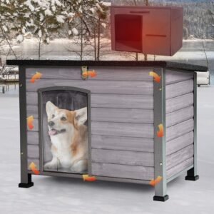 Dog House Outdoor & Indoor Wooden Dog Kennel for Winter with Raised Feet Weatherproof for Small & Medium & Large Dogs,Unique All-Around Iron Frame (Grey, M)