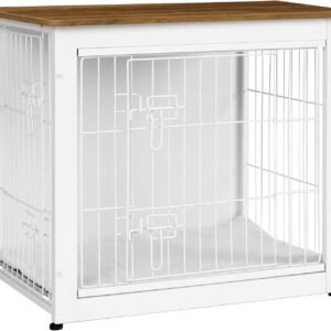 Dog Crate Furniture with Cushion, Wooden Kennel Table with Double Doors, Indoor Dog House, Small/Medium/Large Size, 27.2" L, White+Warm Brown