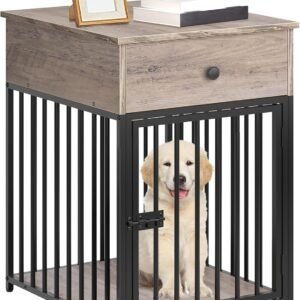 Dog Crate Furniture, Wooden Dog House, Decorative Dog Kennel with Drawer, Indoor Pet Crate End Table for Small Dog, Steel-Tube Puppy Cage, Chew-Proof, Greige