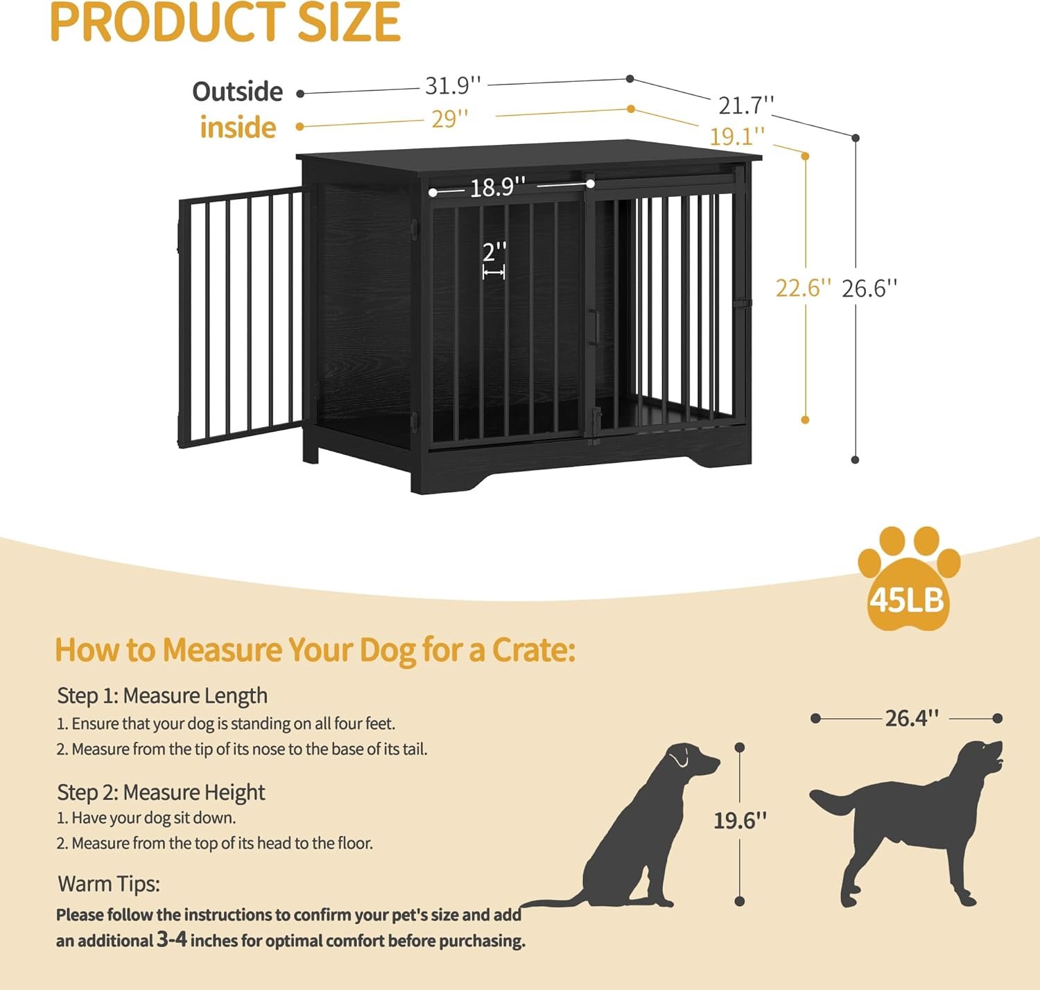 31.9" Dog Crate Furniture with Barn Door, Heavy Duty Dog Kennel Indoor with 2 Doors, Wooden Pet Cage End Table for Small Medium Dogs up to 44 lb, Anti-Chew Anti-Escape, Black - Image 2