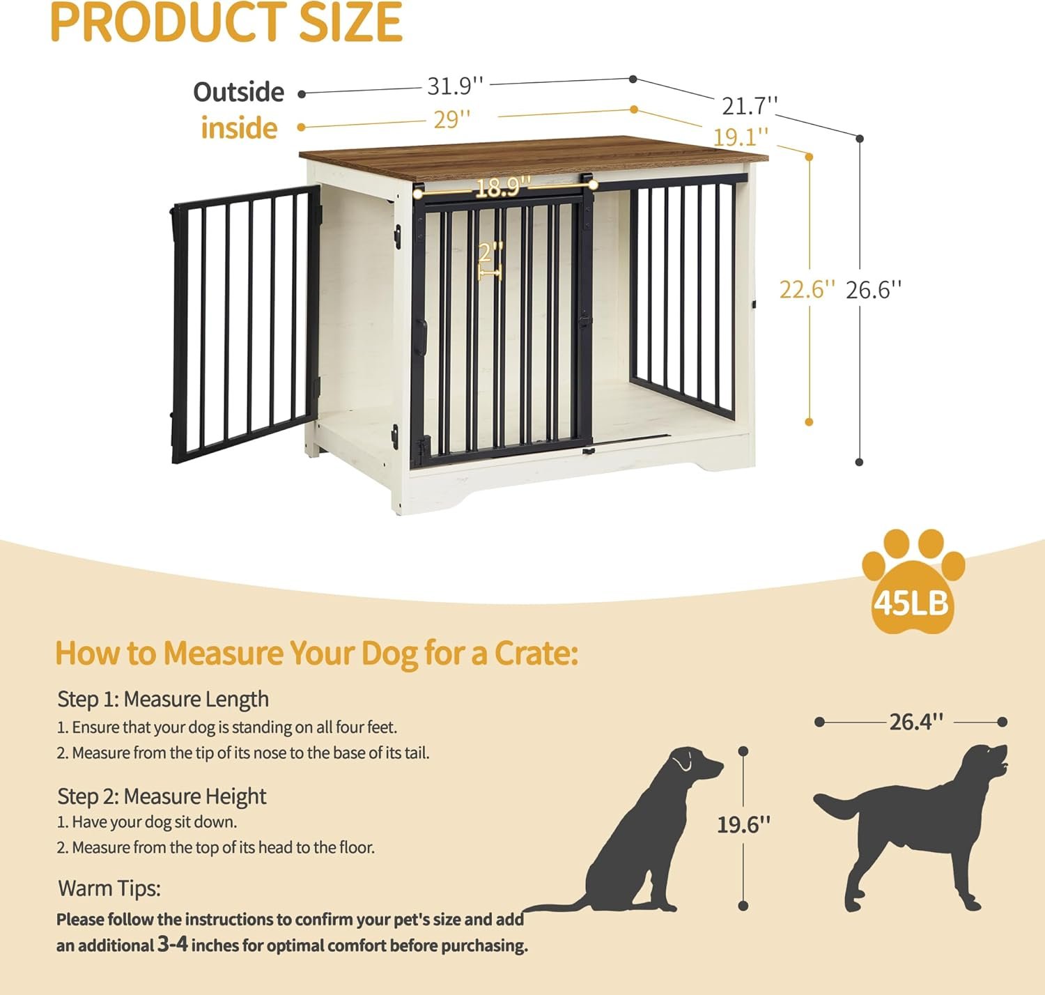 31.9" Dog Crate Furniture with Barn Door, Heavy Duty Dog Kennel Indoor with 2 Doors, Wooden Pet Cage End Table for Small Medium Dogs up to 44 lb, Anti-Chew Anti-Escape, White Brown - Image 2