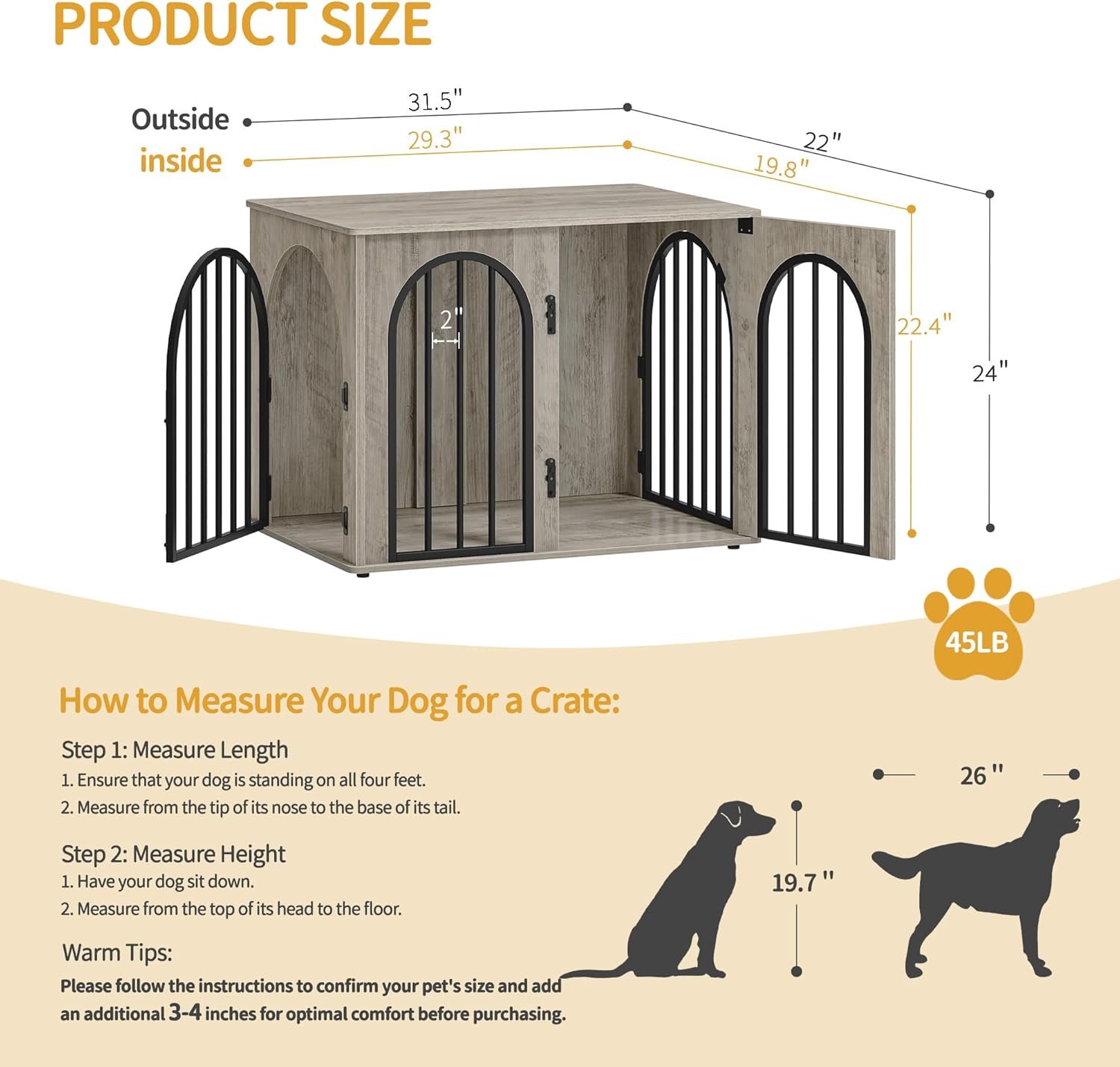 31.5'' Wooden Dog Crate Furniture, Indoor Dog Kennel Dogs Cage for Small/Medium Dogs, Heavy Duty Dog Crates Decorative Pet House End Side Table TV Stand, Greige Black - Image 2
