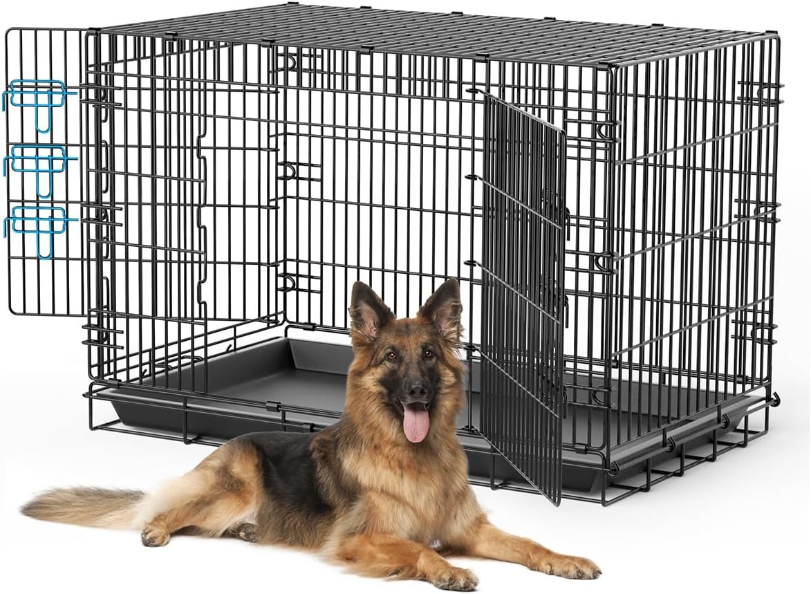 48 Inch Dog Cages for Large Dogs with Leak-Proof PP Tray, Extra Large Double Door Folding Metal Pet Crate with 3 Sliding Latches,