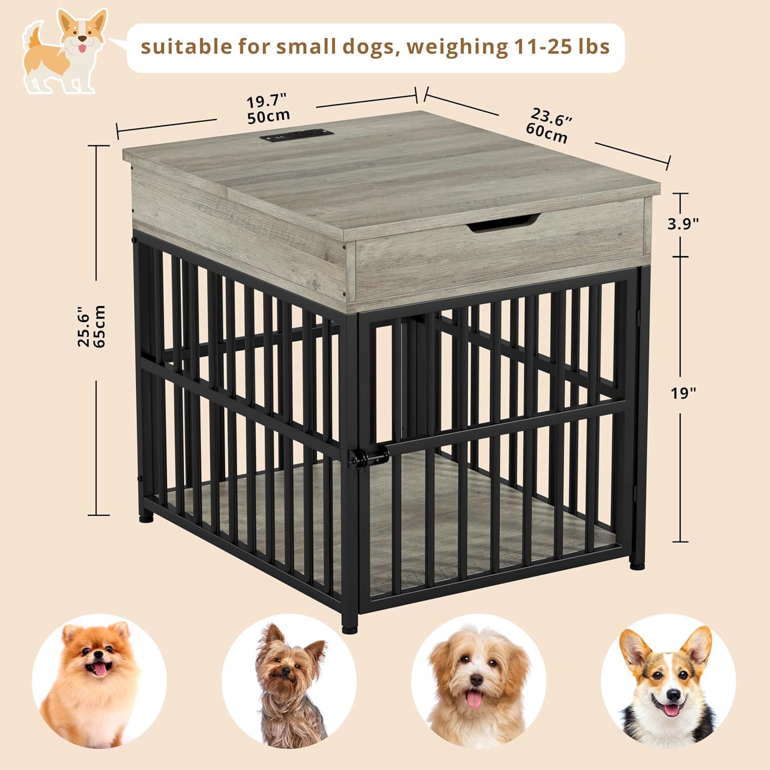 Dog Crate Furniture for Small Dogs, Wooden Dog Kennel with Flip Top Drawer, Indoor Pet Crate End Table with Charging Station, Steel-Tube Dog Cage, Gray - Image 2