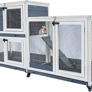 Indoor and Outdoor Wooden Cages for Pets,Rabbit Cage, 2-Story, with Wheels, Ramp, 2 Pull-Out Trays, Open Sun Panel Roof, for Rabbits, Guinea Pigs