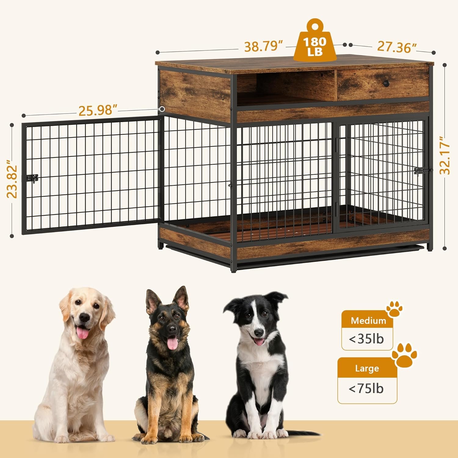 39 Inch Dog Crate Furniture for Large Dogs, Dog Kennel End Table with Drawer, Large Indoor Wooden Pet Cage with Tray, Heavy Duty Chew-Proof Steel Frame, Modern Side End Table 38.8” x 27.4” x 32.17” - Image 2
