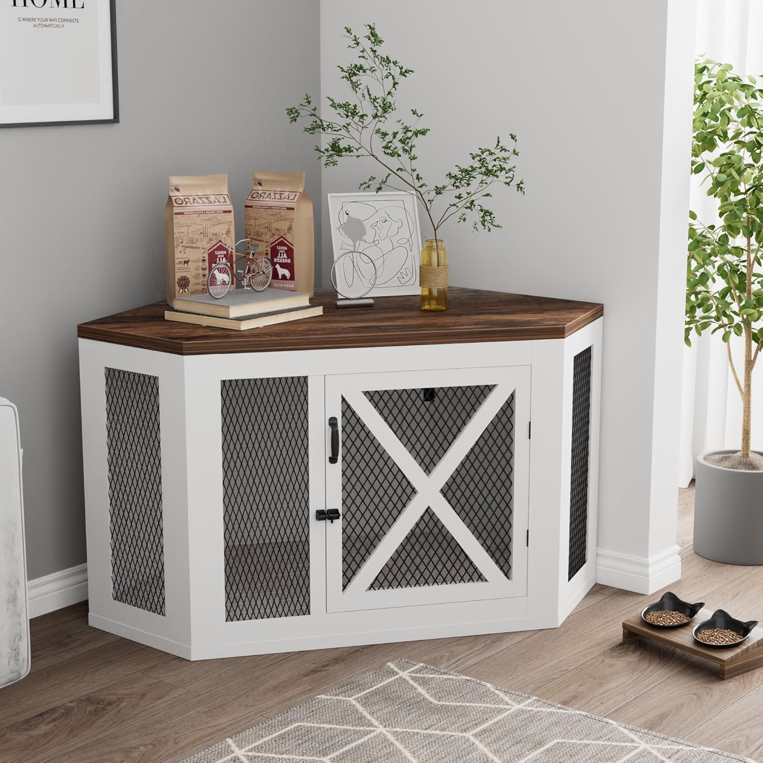 Corner Dog Crate Furniture, Wooden Dog Kennel End Table with Mesh, Cage/House for Small Medium Large Dog, Decorative Pet Crate Indoor Use - Image 2