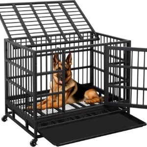38 Inch Heavy Duty Indestructible Dog Crate Double Doors Escape Proof Cage Kennel,Enhanced Metal Pet Cage,Extra Large XL XXL Crate Indoor for Large Dog with Removable Tray and Lockable Wheels