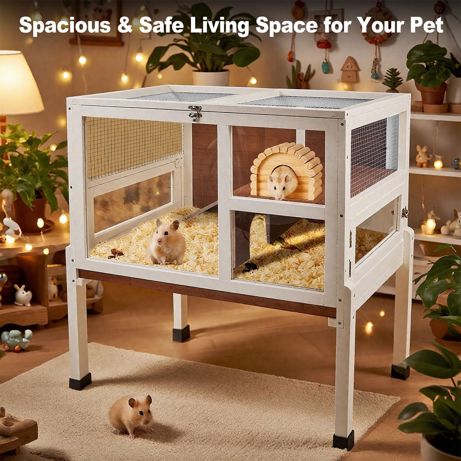 2-Story Guinea Pig Cage with Stand, Indoor Wooden Hamster Cage with Ramp, Pull-Out Tray, Hideout & Platform, Acrylic Transparent Small Animal Habitat for Chinchillas, Ferrets, Hedgehogs, Walnut - Image 2