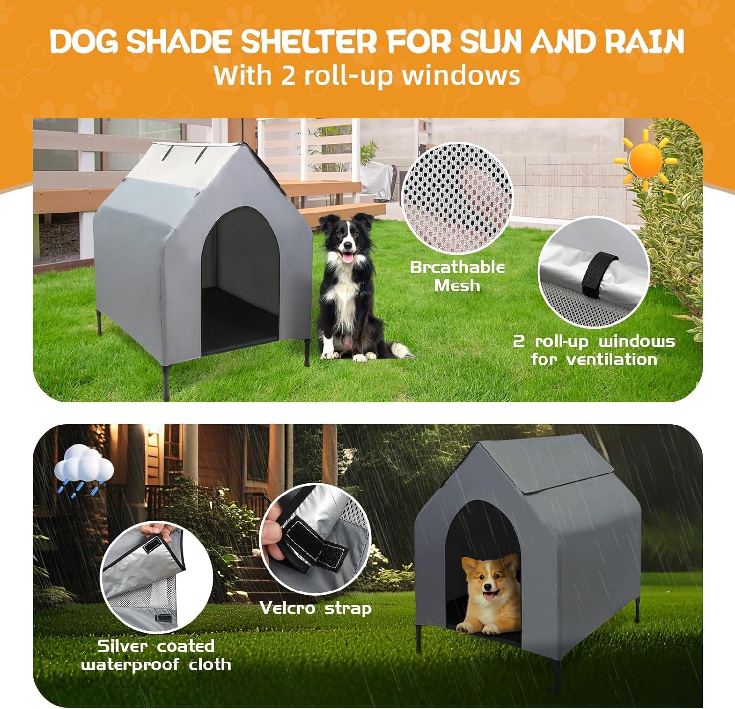 Dog House Outdoor, 2-in-1 Dog House for Small/Medium Dogs, Elevated Dog Bed with Canopy Weatherproof Puppy Shelter with Windows (Grey, 36 Inch) - Image 2