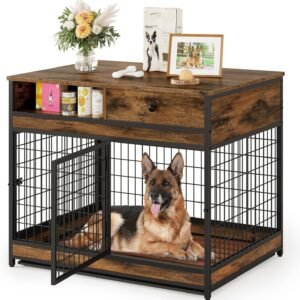 39 Inch Dog Crate Furniture for Large Dogs, Dog Kennel End Table with Drawer, Large Indoor Wooden Pet Cage with Tray, Heavy Duty Chew-Proof Steel Frame, Modern Side End Table 38.8” x 27.4” x 32.17”