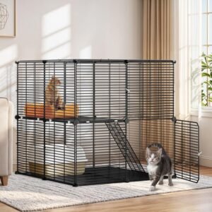 Cat Cage 2 Tier Indoor Cat Enclosures Kitten Cage DIY Pet Playpen Metal Kennel for 1-2 Cats, Ferret, Chinchilla, Rabbit, Small Animals, Kitty, Squirrel, RV Travel, Camping